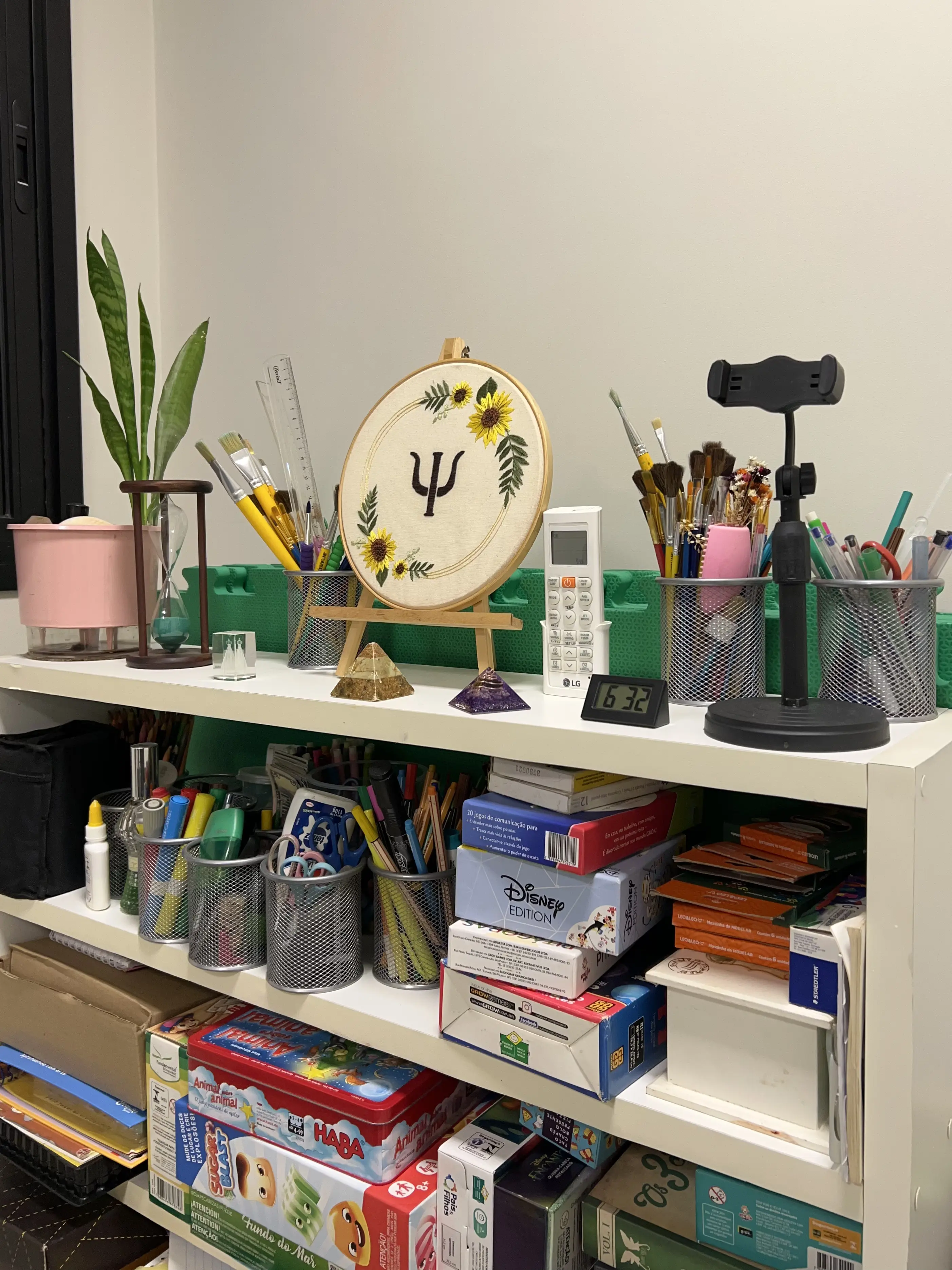 Estante com jogos, livros e símbolo psi